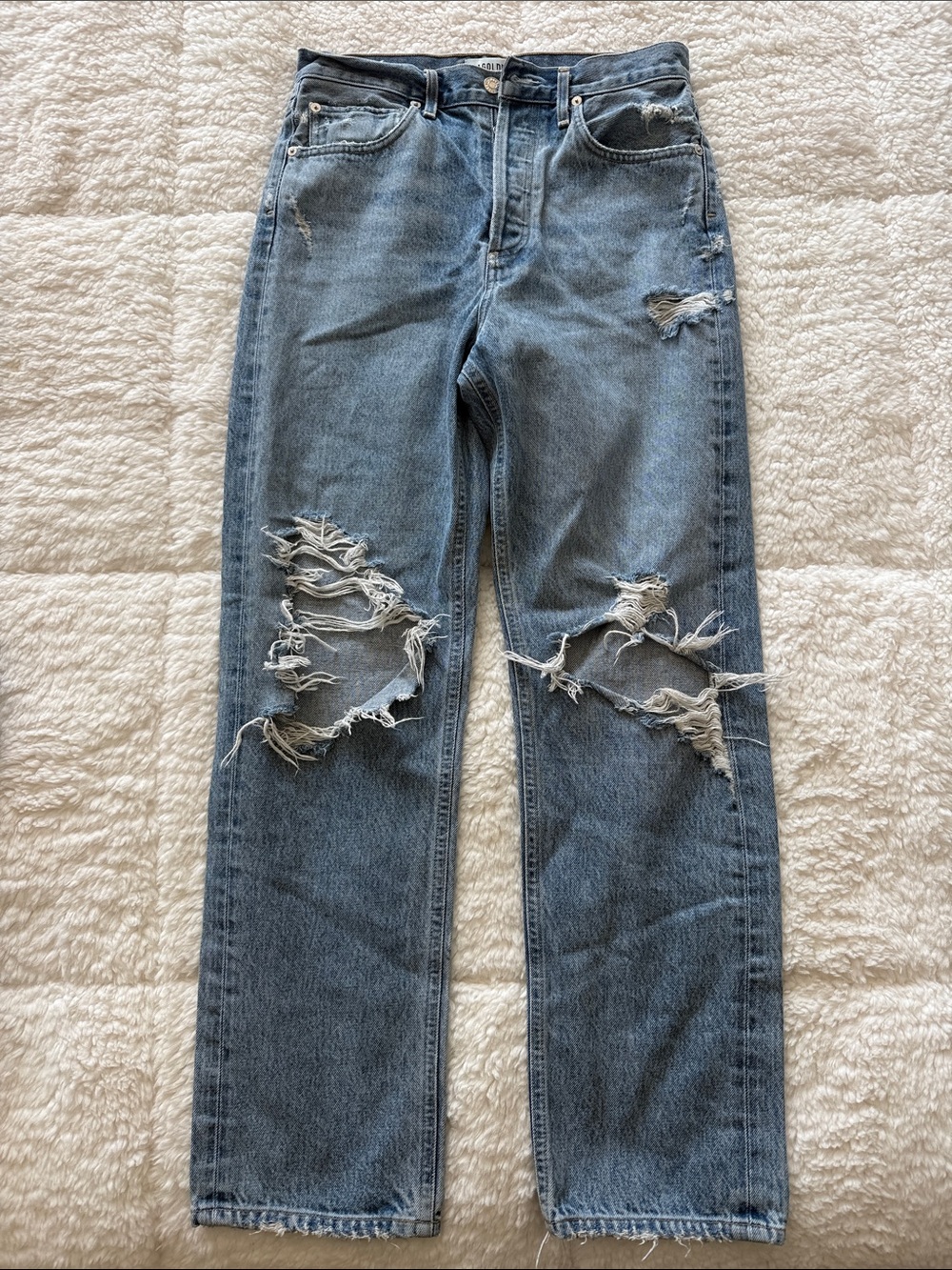 Agolde Mid Wash Ripped Straight-Leg Jeans
